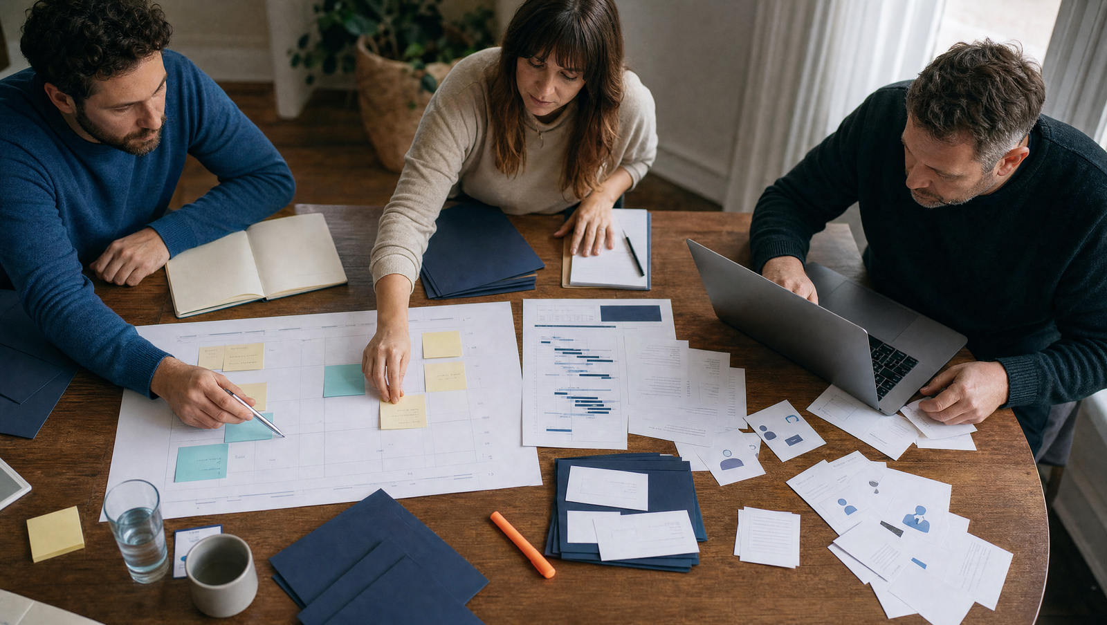 Drei Erwachsene ordnen Zeitplan und Projektunterlagen an einem Tisch